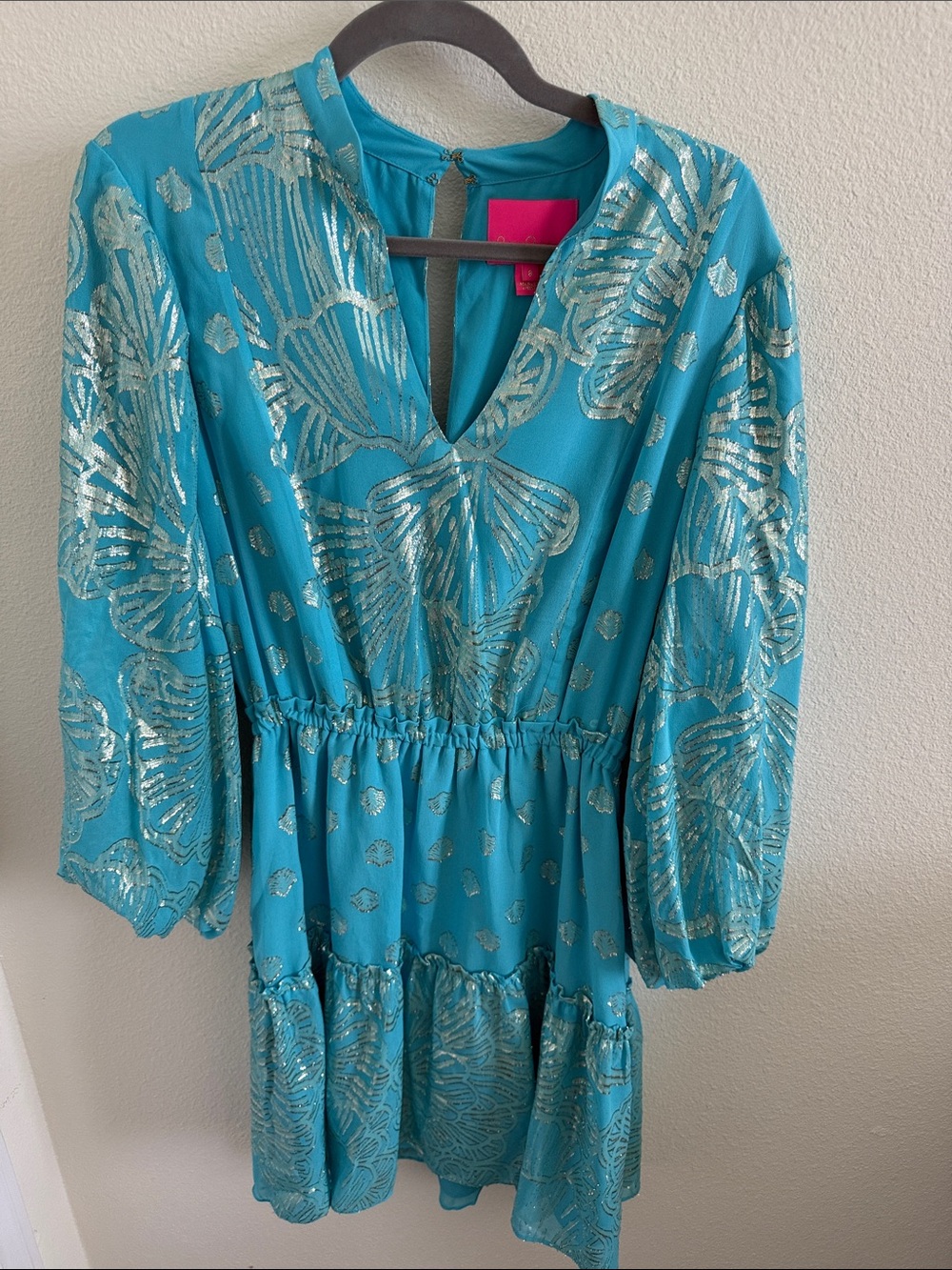 Turquoise Foil Print V-Neck Mini Dress